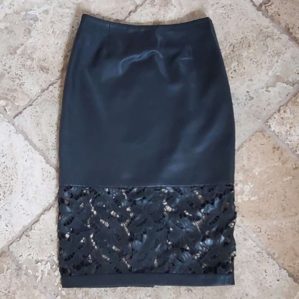 LEATHER MARCIANO BLACK PENCIL SKIRT SZ 0 - Picture 7 of 7